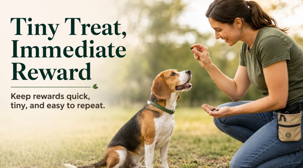 Dog parent giving a tiny trainer dog treat immediately after a successful training cue.