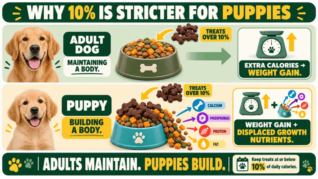 Best puppy training treats infographic comparing how excess treats displace growth-diet nutrients in puppies but mainly add calories in adult dogs.