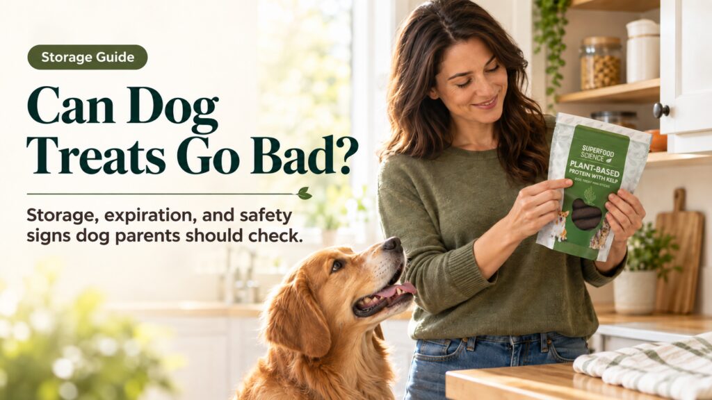 Dog parent checking a bag of plant-based dog treats while learning can dog treats go bad and how to spot storage and spoilage signs.