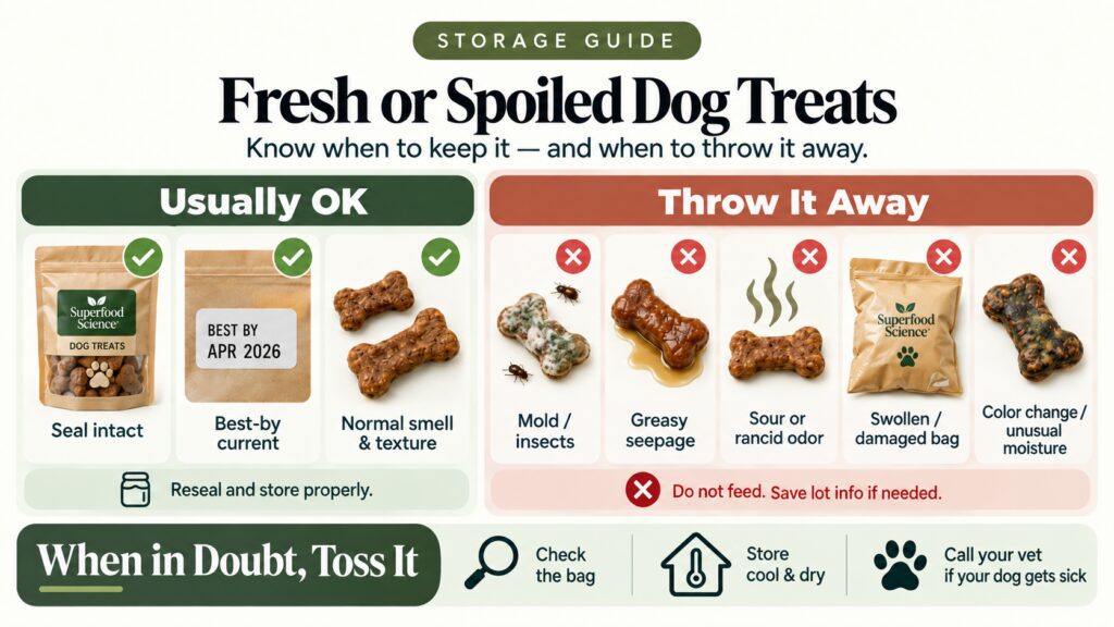 Comparison chart detailing how can dog treats go bad through mold, rancidity, unusual moisture, and damaged packaging.