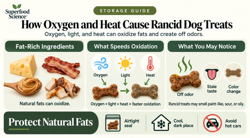Infographic showing how can dog treats go bad when oxygen, light, and heat oxidize fats in cheese, bacon, peanut butter, and other fat-rich ingredients.