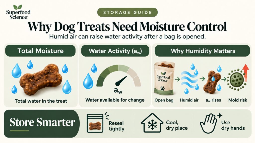 Infographic explaining how can dog treats go bad when humidity raises water activity in semi-soft treats.