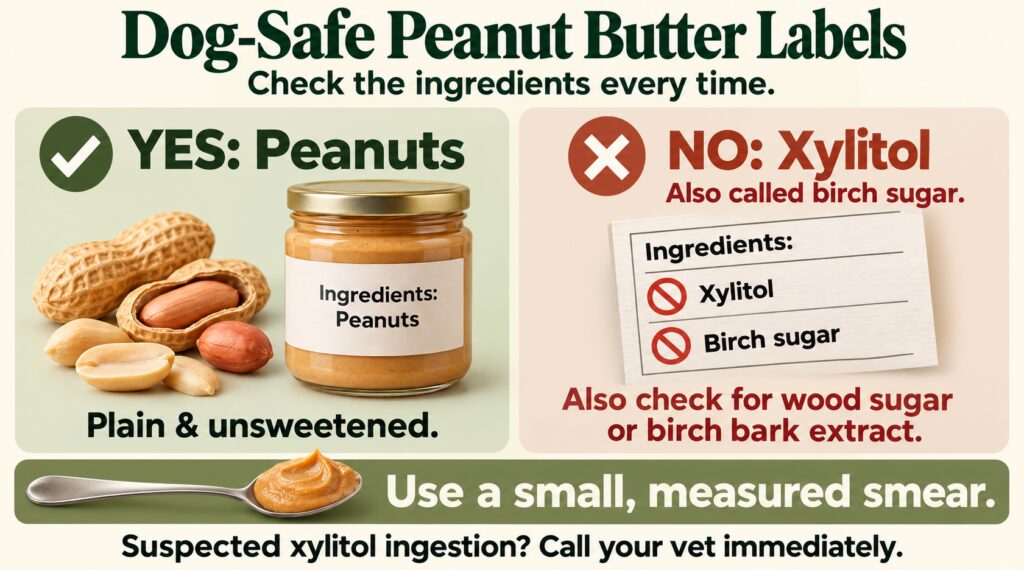 Natural peanut butter for dogs label checklist: choose plain peanuts, avoid xylitol and birch sugar, and use a small measured smear.