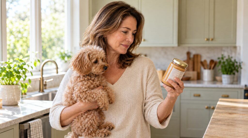 Woman holding an apricot toy poodle while reading the ingredient label on a peanut butter jar in her kitchen.