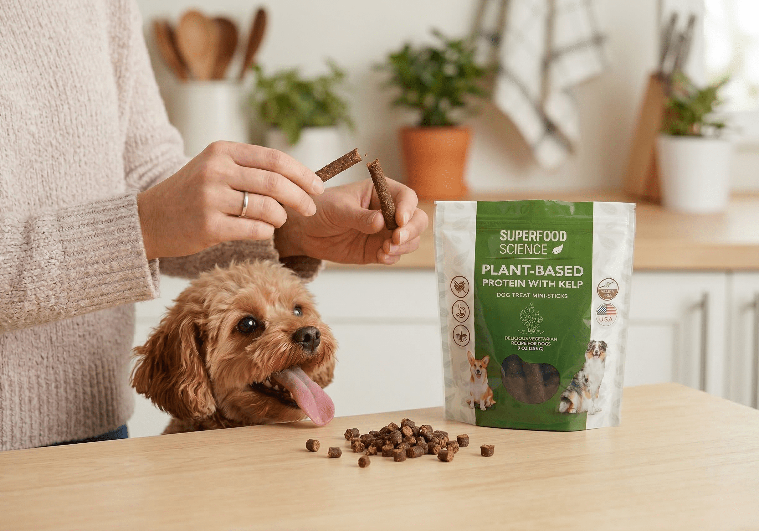 A female dog parent breaking plant-based protein dog treat semi-soft  mini sticks into smaller pieces_Edited