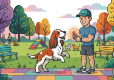 A vibrant, colorful cartoon illustration of a lively dog park during autumn. In the foreground, a man in athletic gear smiles while holding a high-protein organic dog treat for a brown and white Cavalier King Charles Spaniel. The background features various people and their dogs, colorful autumn trees, park benches, and an agility ramp under a soft, sunset sky.