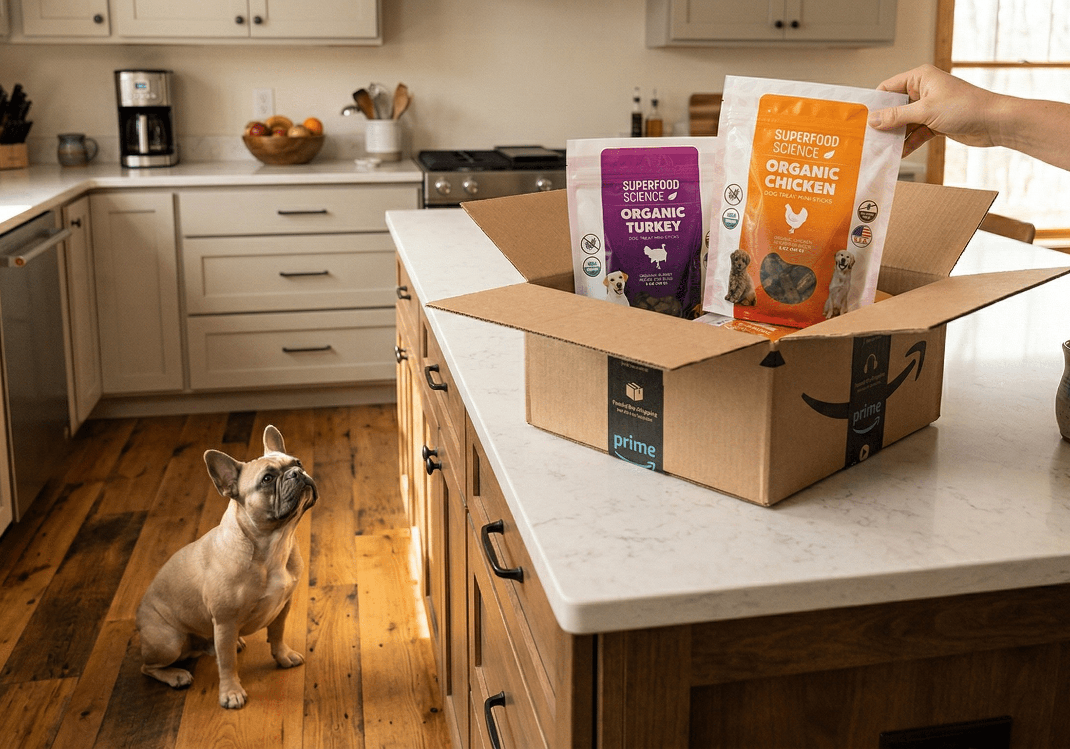 French bulldog watching Superfood Science organic turkey and organic chicken dog treats being lifted from an Amazon box in a kitchen.