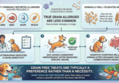 Infographic explaining that grain allergies in dogs are less common than protein allergies, showing common allergens and signs of grain sensitivity.