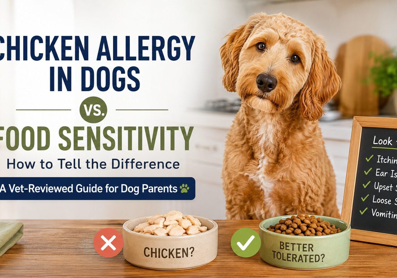 Chicken allergy in dogs vs food sensitivity hero image showing a dog parent guide with signs such as itching, ear issues, upset stomach, loose stool, and vomiting.