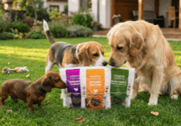 A sunlit photograph taken in a backyard with a green lawn features three dogs: a small Dachshund, a medium Beagle, and a large Golden Retriever. They cluster closely around a bundle of three Superfood Science dog treat mini-stick pouches tied with twine on the grass. The dogs, identified as small, medium, and large, show distinct nose-first curiosity and are actively sniffing the specific flavor pouches.