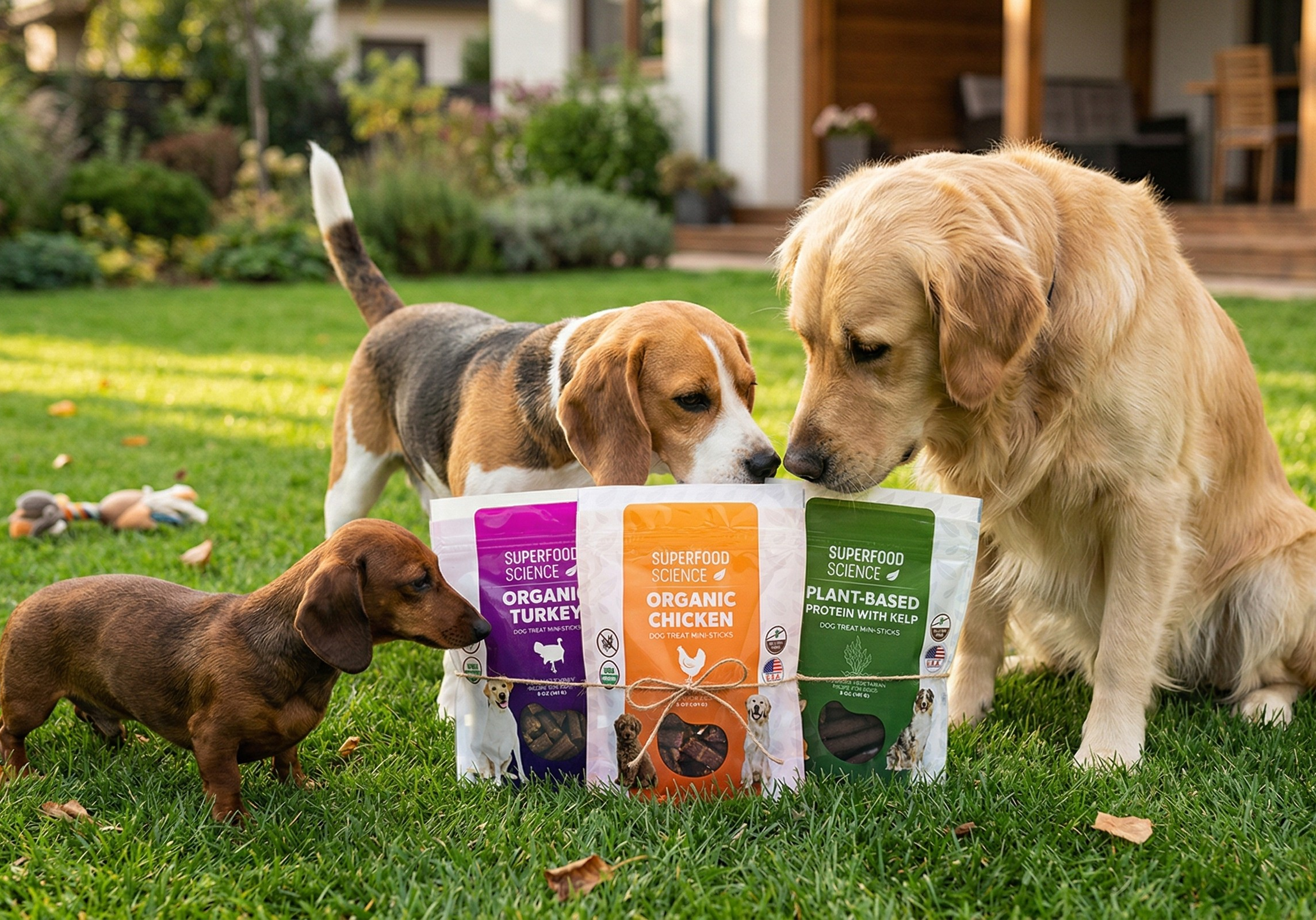 A sunlit photograph taken in a backyard with a green lawn features three dogs: a small Dachshund, a medium Beagle, and a large Golden Retriever. They cluster closely around a bundle of three Superfood Science dog treat mini-stick pouches tied with twine on the grass. The dogs, identified as small, medium, and large, show distinct nose-first curiosity and are actively sniffing the specific flavor pouches.