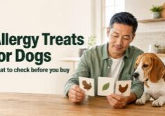 Allergy treats for dogs being compared by a dog parent using simple turkey, chicken, and plant-based ingredient cards.