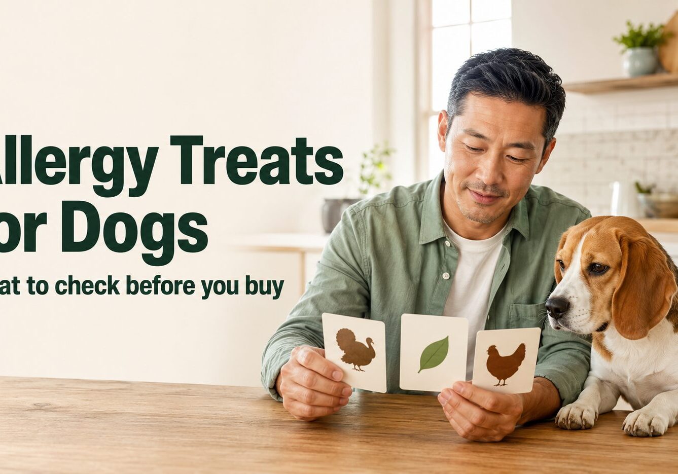 Allergy treats for dogs being compared by a dog parent using simple turkey, chicken, and plant-based ingredient cards.