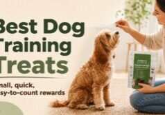 Best dog training treats shown with a dog parent rewarding a Cavapoo and holding Superfood Science Plant-Based Protein with Kelp dog treats.