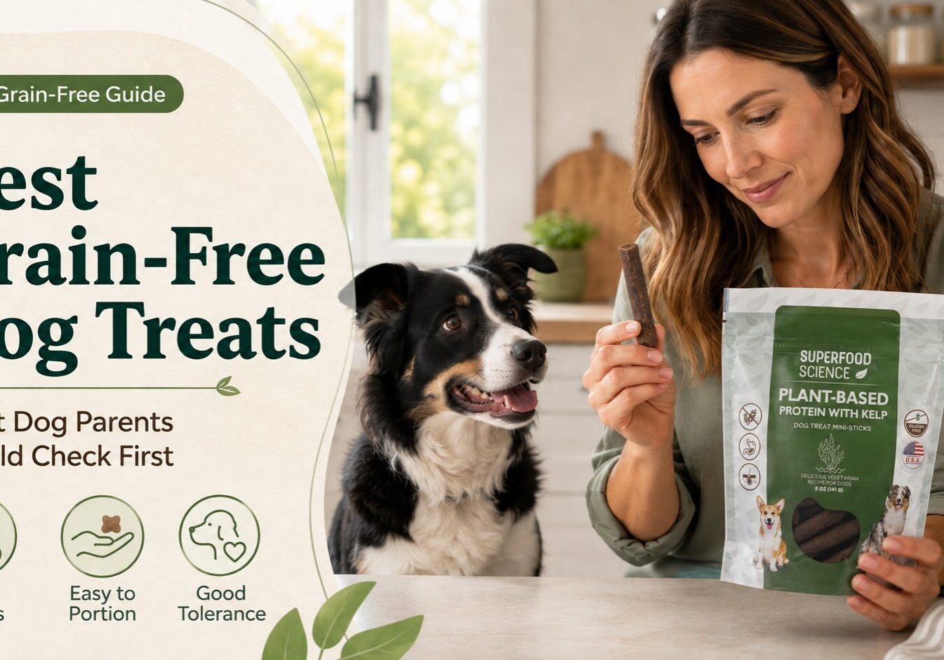 Dog parent holding Superfood Science plant-based mini-stick while comparing the best grain-free dog treats with her dog