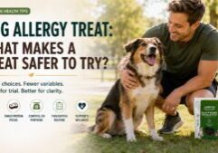 Dog allergy treat guide featuring a happy medium-sized dog, its owner, and Superfood Science® Plant-Based Dog Treats in a sunny dog park.
