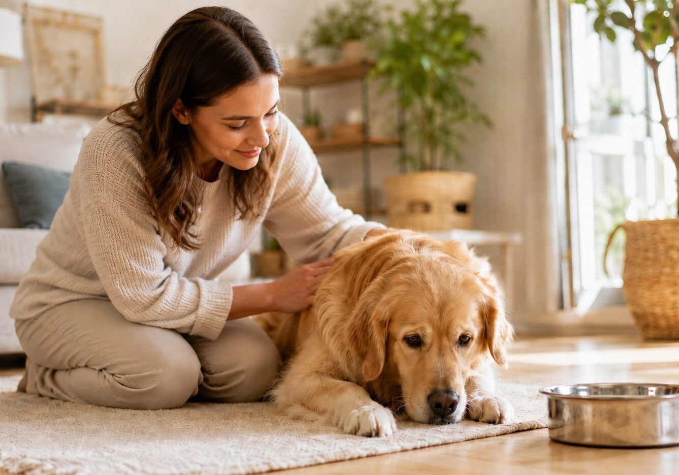 Dog diarrhea care at home with a concerned dog parent comforting a golden retriever near a water bowl in a calm living room.