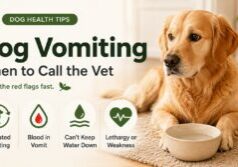 Dog keeps vomiting hero image showing a calm dog near a water bowl with red flag icons for when to call a vet