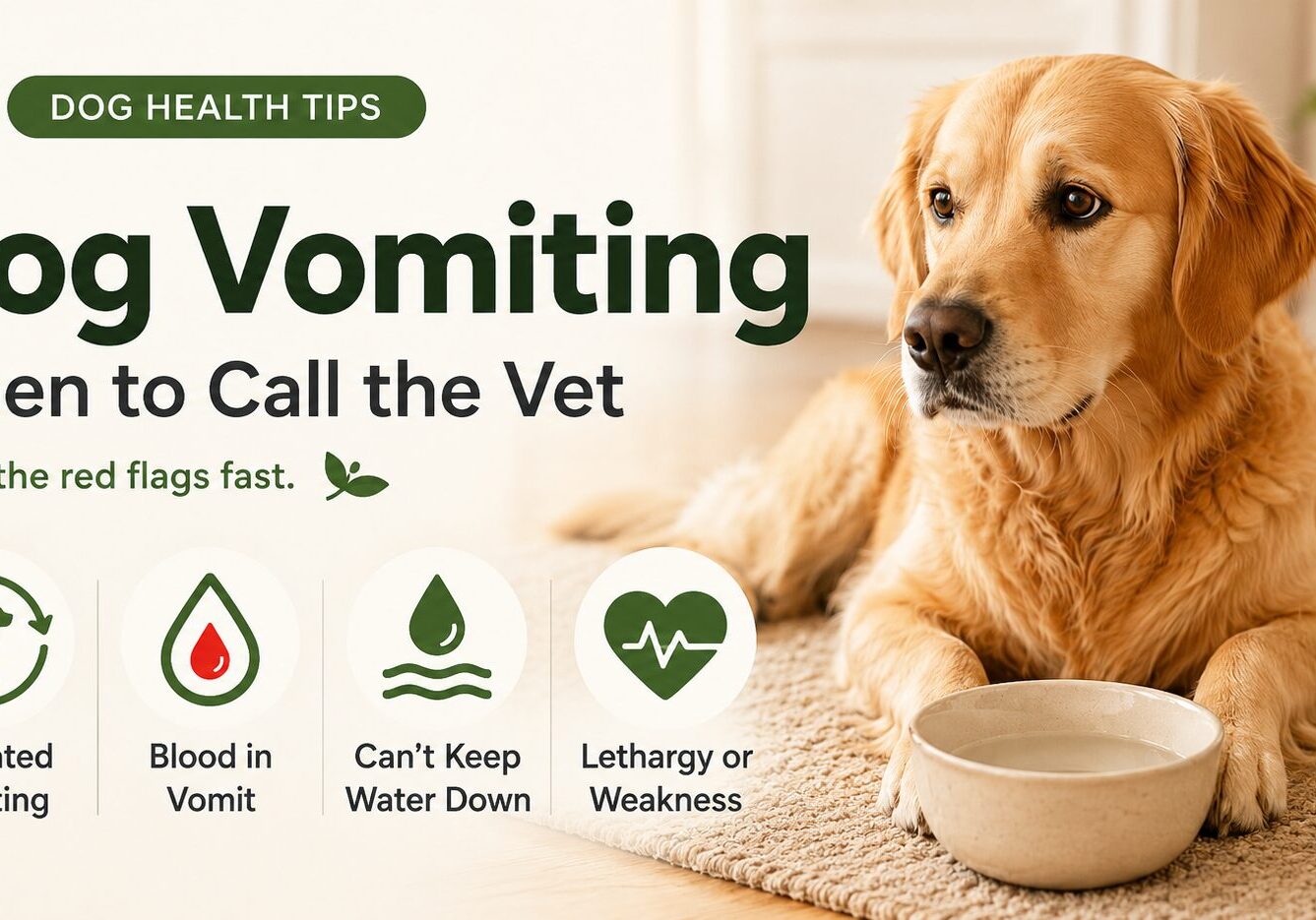 Dog keeps vomiting hero image showing a calm dog near a water bowl with red flag icons for when to call a vet