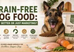 German Shepherd beside grain-free dog food and ingredients for a grain-free dog food guide about nutrition quality and label claims.