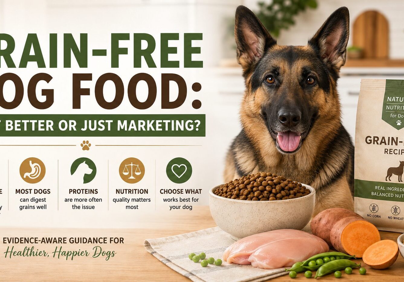 German Shepherd beside grain-free dog food and ingredients for a grain-free dog food guide about nutrition quality and label claims.
