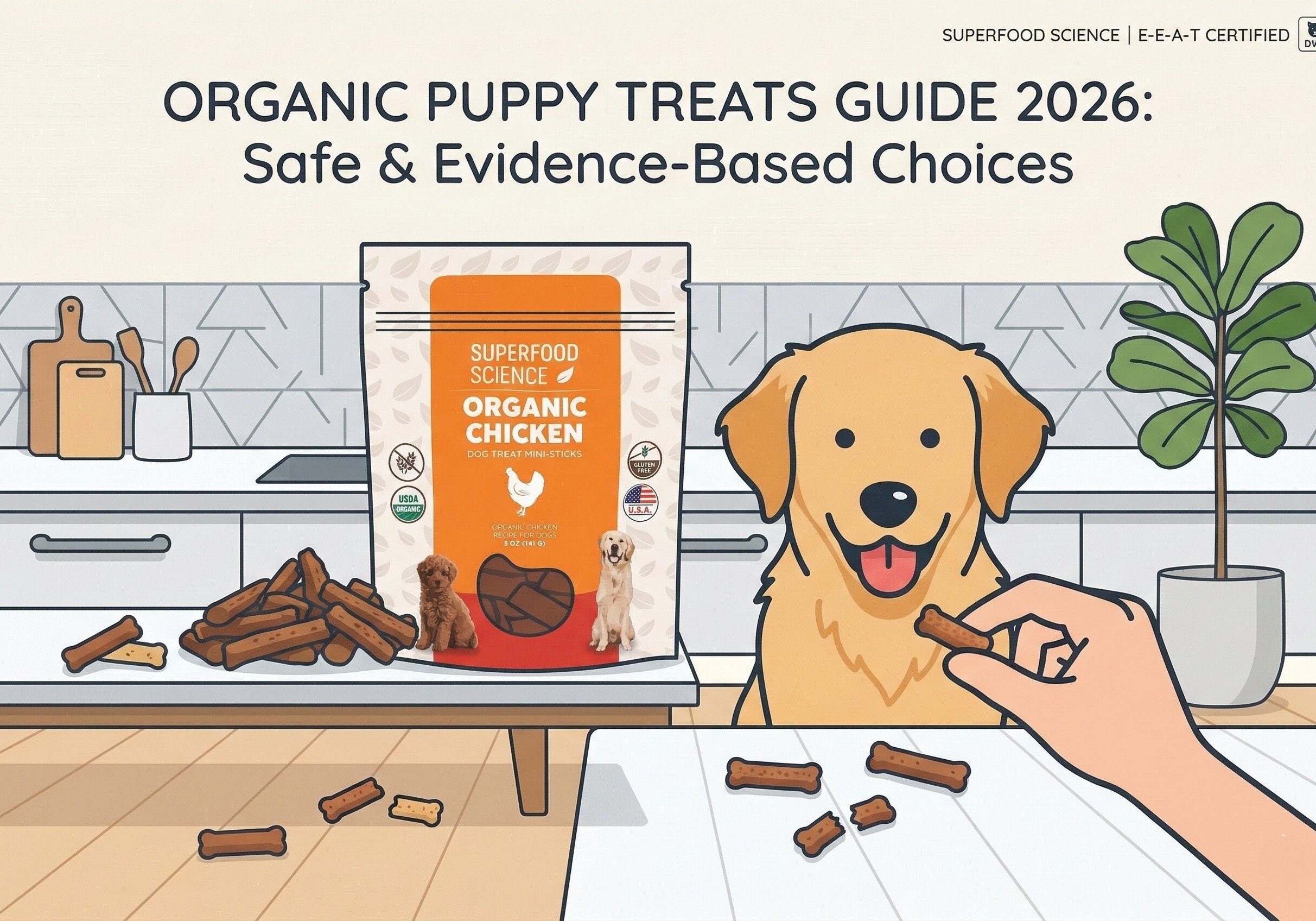 A cartoon illustration of a happy golden retriever-style dog in a modern kitchen, being offered a small, broken treat piece by a human hand. On the counter sits a bag of "Superfood Science Organic Chicken Dog Treat Mini-Sticks" next to a pile of stick-shaped treats. The header text reads "Organic Puppy Treats Guide 2026: Safe & Evidence-Based Choices," with the Superfood Science logo and a "DVM Reviewed" seal in the corner.