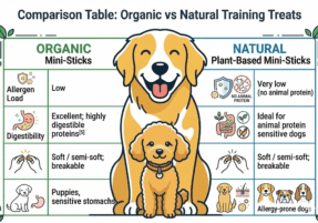 An infographic table compares Organic and Natural Plant-Based Mini-Sticks dog training treats across four feature rows: Allergen Load, Digestibility, Texture, and Best For. The columns list details for each product, indicating suitable use cases for puppies, sensitive stomachs, and allergy-prone dogs. Illustrations of dogs and feature icons are included.