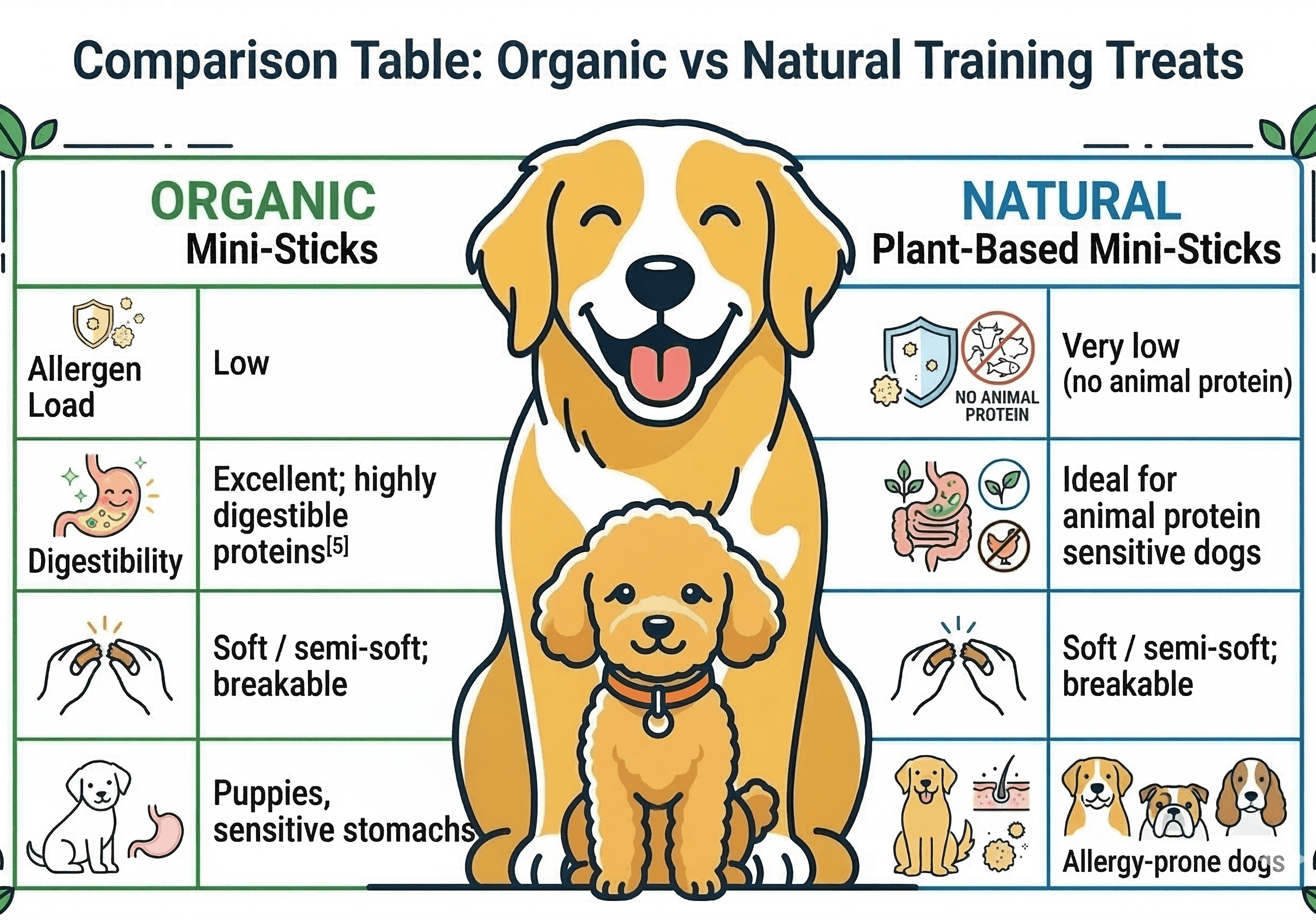 An infographic table compares Organic and Natural Plant-Based Mini-Sticks dog training treats across four feature rows: Allergen Load, Digestibility, Texture, and Best For. The columns list details for each product, indicating suitable use cases for puppies, sensitive stomachs, and allergy-prone dogs. Illustrations of dogs and feature icons are included.