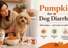 Pumpkin for dog diarrhea guide showing a dog parent with a small poodle mix, plain pumpkin puree, and vet-safety reminders in a bright kitchen.