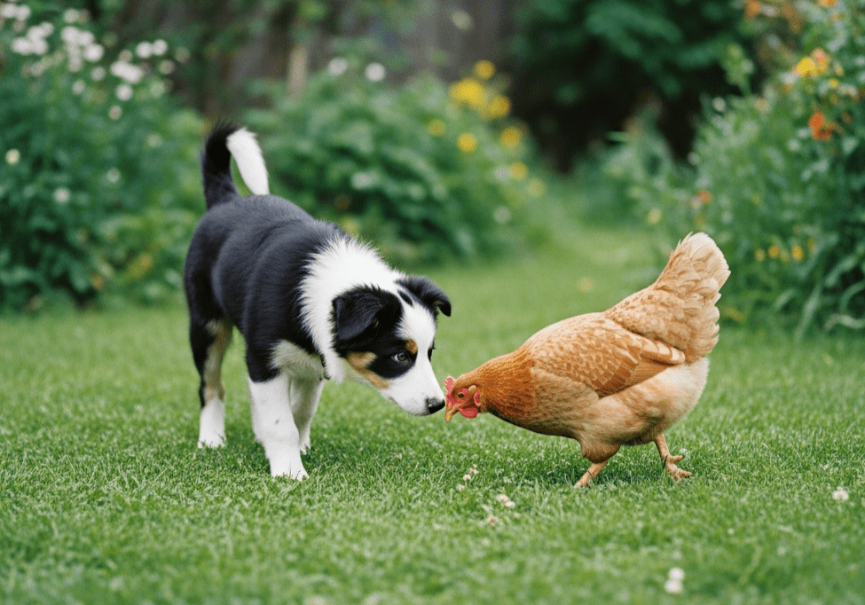 A curious black and white Border Collie puppy leans down to touch noses with a light brown chicken amidst a vibrant green backyard garden filled with blooming flowers. This serene interaction highlights the natural sources of protein studied by Superfood Science to ensure optimal digestive health and skin tolerance for growing dogs. The expansive environment showcases the inquisitive nature of puppies as they explore their surroundings and potential dietary sources.