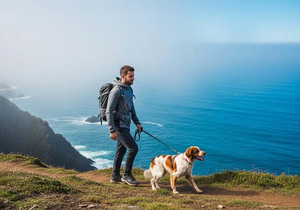 A man and his medium-sized dog hiking a rugged coastline, illustrating the environment where Superfood Science advises caution regarding wild seaweed consumption for pet safety.