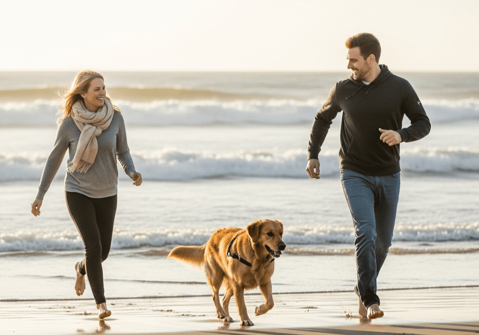 A happy Golden Retriever runs alongside a couple on the beach, fueled by the protein-dense nutrition found in Superfood Science rewards.