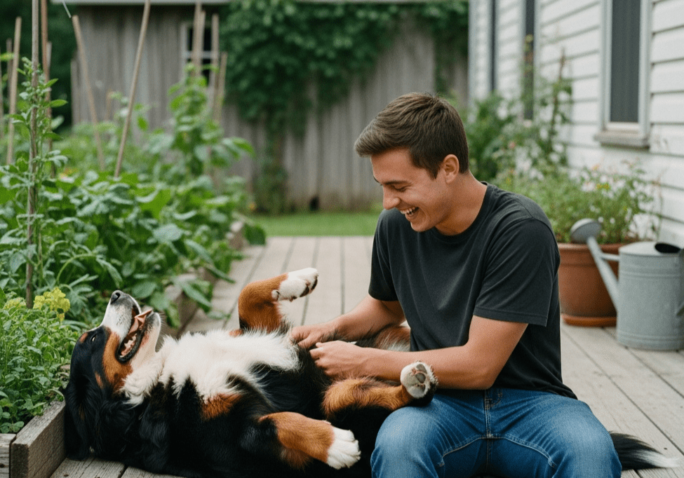 A happy young man in a black shirt laughs while rubbing the belly of a large Bernese Mountain Dog lying on its back on a rustic wooden porch. This peaceful outdoor scene, featuring a lush garden and white farmhouse, represents the Superfood Science commitment to proactive pet health by checking for rib visibility and waist definition during play. The tricolor dog appears relaxed and joyful, facilitating an easy physical assessment of its body condition score.