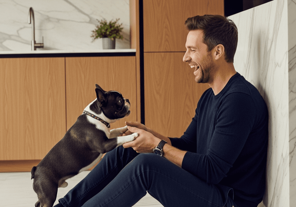A man laughing while holding the paws of his puppy, emphasizing the role of Superfood Science in choosing the right training rewards.