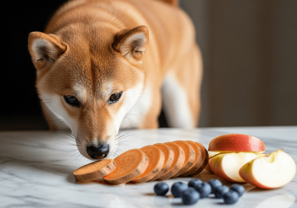 A Shiba Inu sniffs fresh produce on a counter, embodying the principles of Superfood Science for healthy pet nutrition.