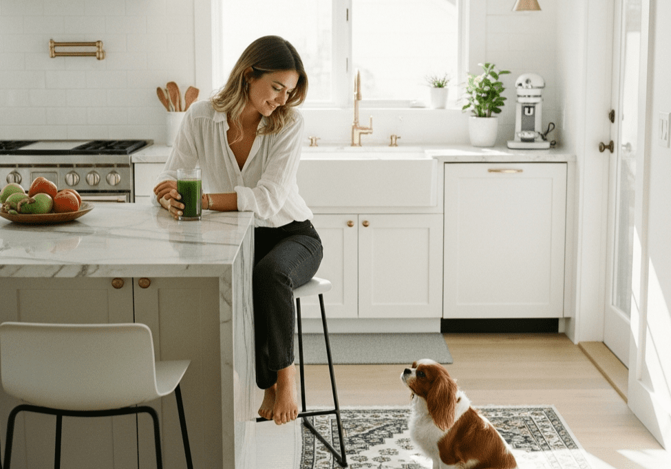 A woman enjoying a healthy beverage in a sunlit kitchen while her Cavalier King Charles Spaniel sits on a rug, demonstrating the Superfood Science approach to pet wellness.