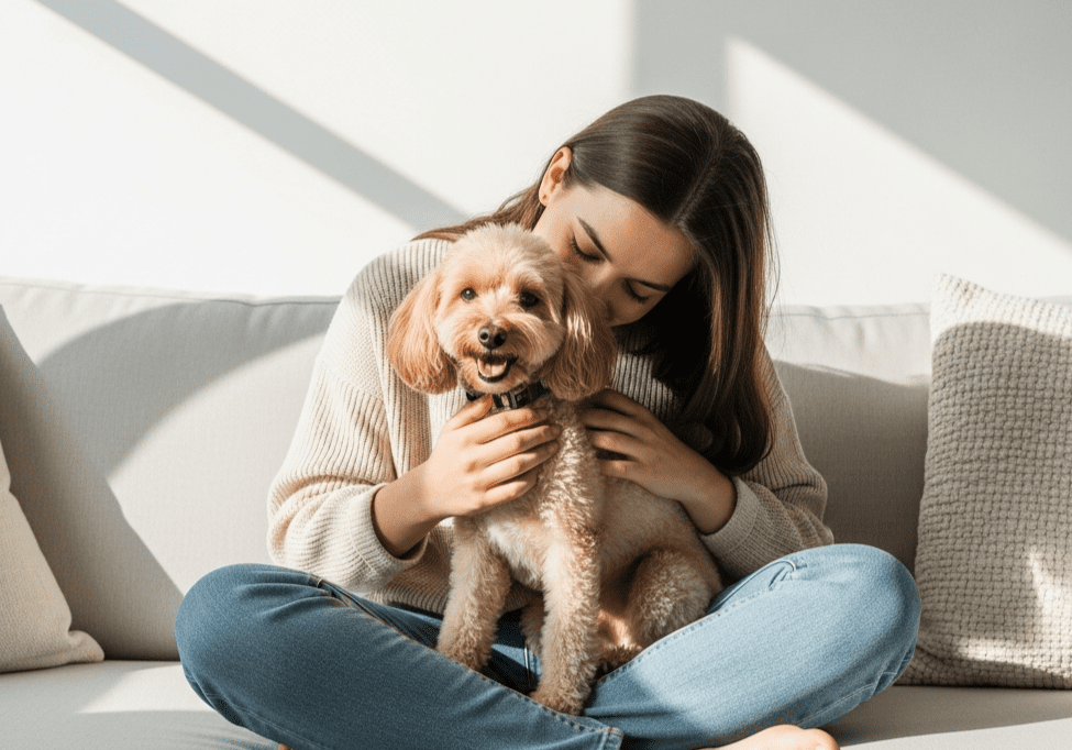 A woman cuddling a small poodle mix on a sofa, illustrating the comfort provided by Superfood Science chicken-free diets.