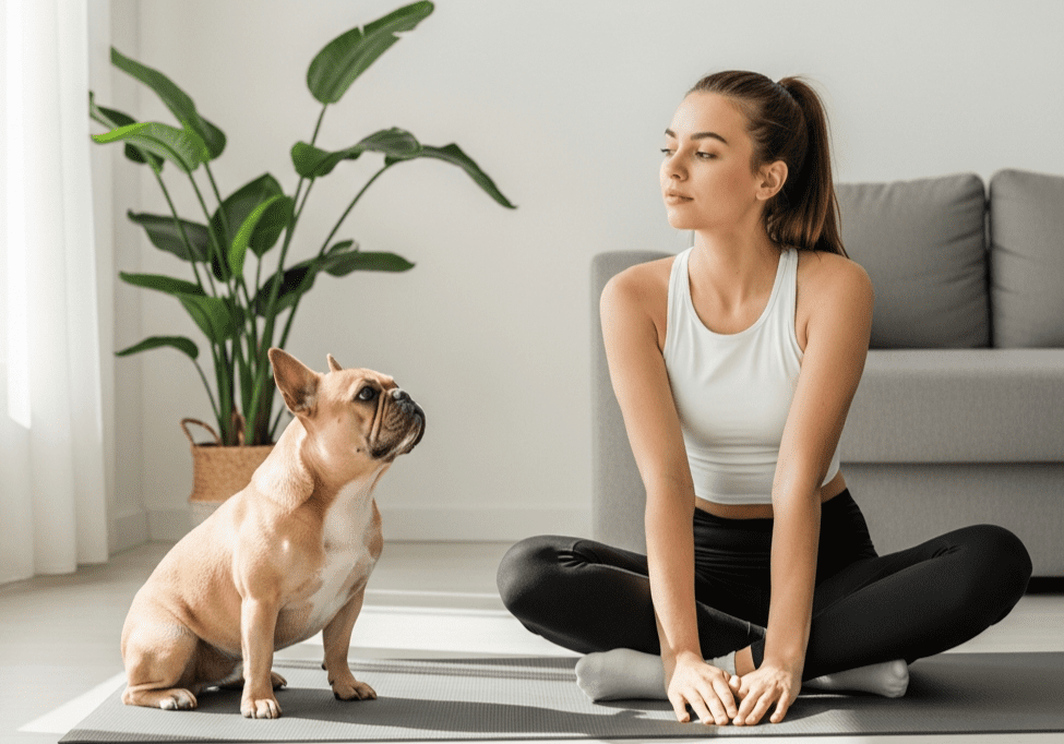 A healthy lifestyle scene featuring a woman and her French Bulldog on a yoga mat, highlighting the importance of Superfood Science for pet weight management