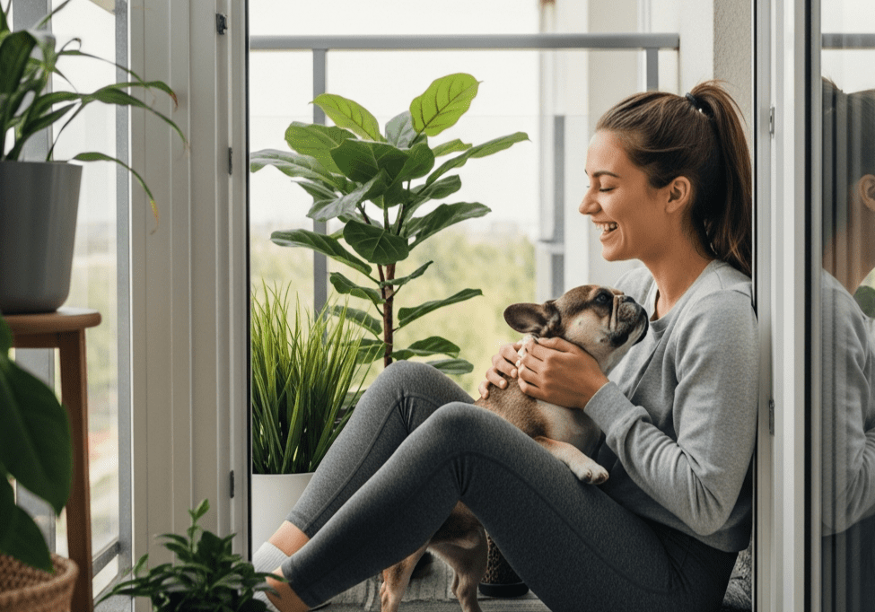 A woman in grey loungewear hugging her small French Bulldog on a balcony, representing the Superfood Science of choosing functional kelp-based treats for sensitive dogs