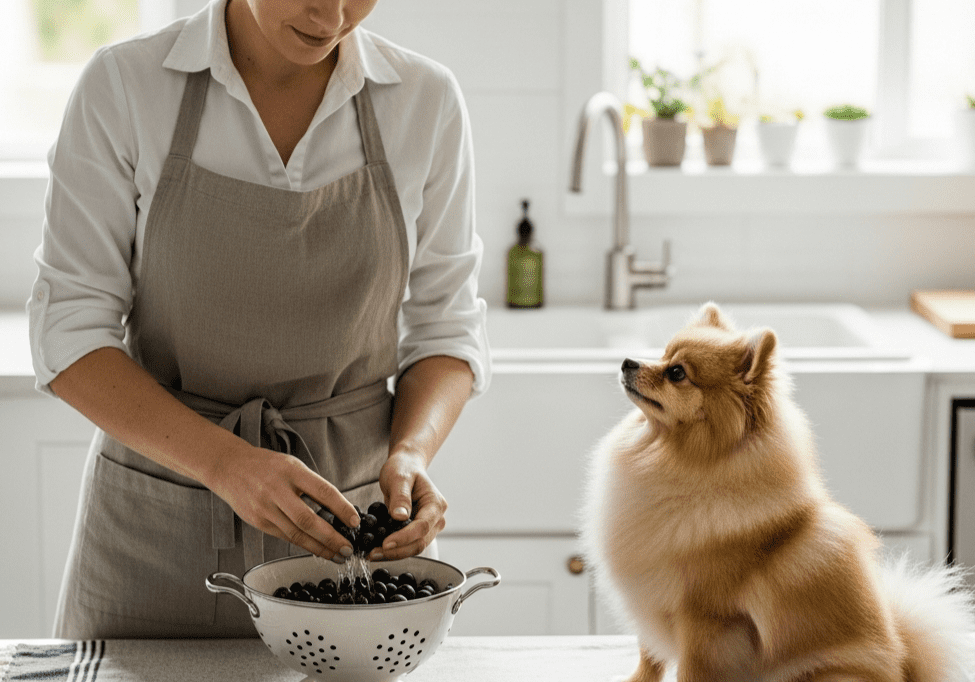 A woman prepares a bowl of fresh fruit, highlighting the Superfood Science behind using blueberries as a fiber-filled snack for small dogs.