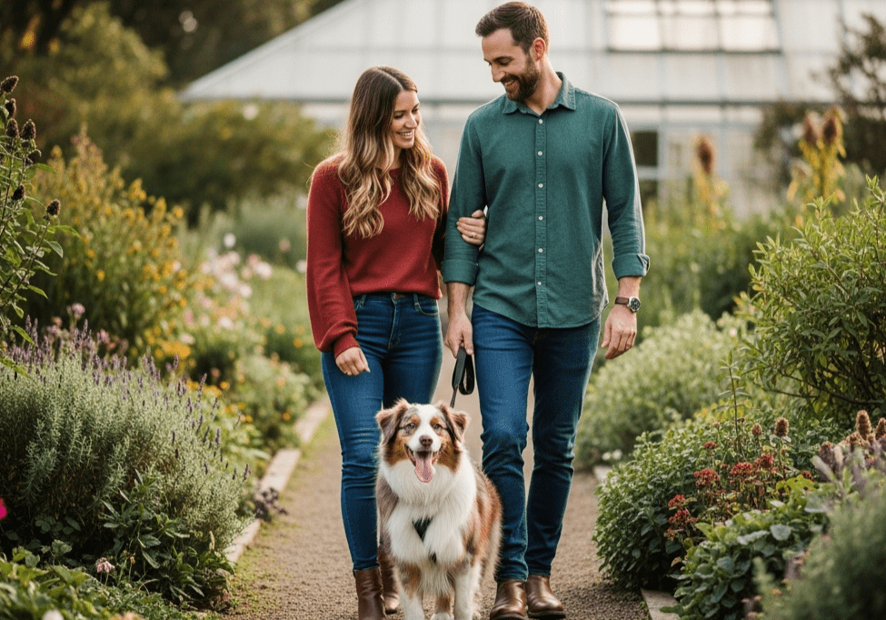 A happy medium dog walks with its owners in a garden setting, representing the holistic lifestyle supported by Superfood Science for dental health.