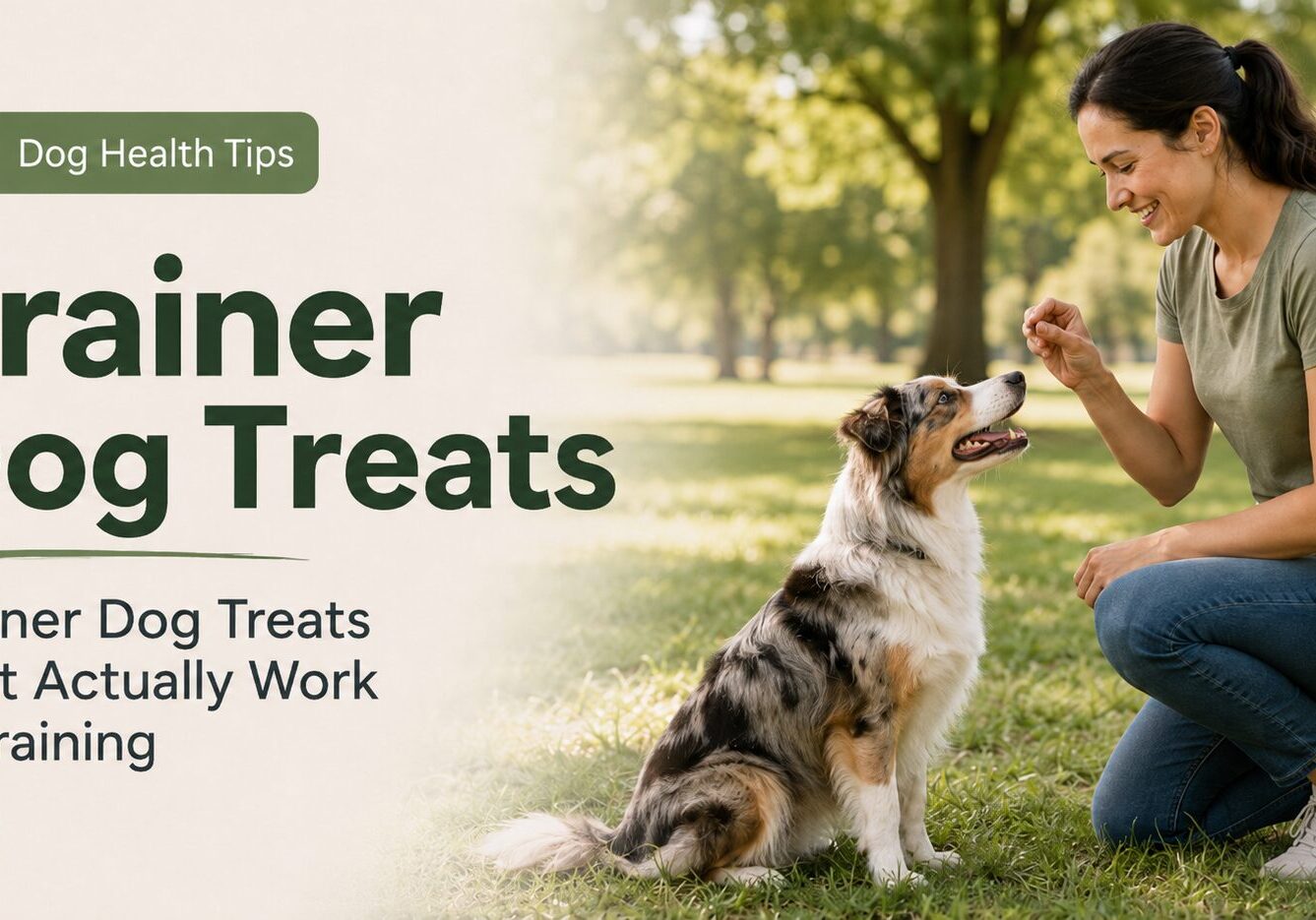 Dog trainer rewarding an attentive dog with tiny trainer dog treats during an outdoor training session in a park.